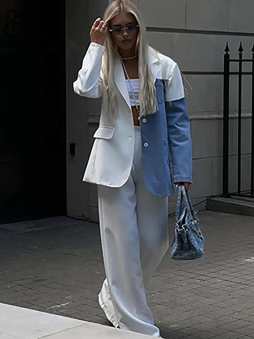 Oymimi Fashion White Denim Women 2 Piece Set Outfit Elegant Patchwork Long Sleeve Button Shirts And Simple Straight Trousers Set