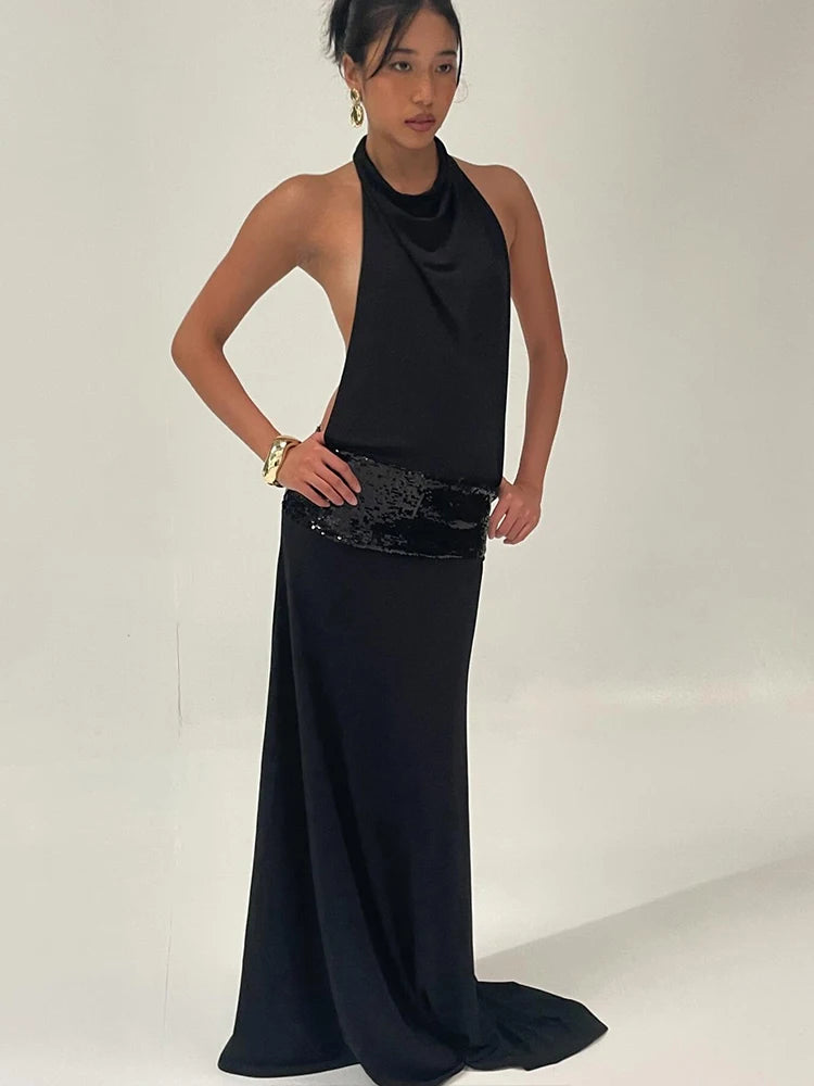 Sisterlinda Backless Fashion Dresses Elegant Halter Patchwork Draped Maxi Bodycon Female Solid Simple Evening Party Frock New