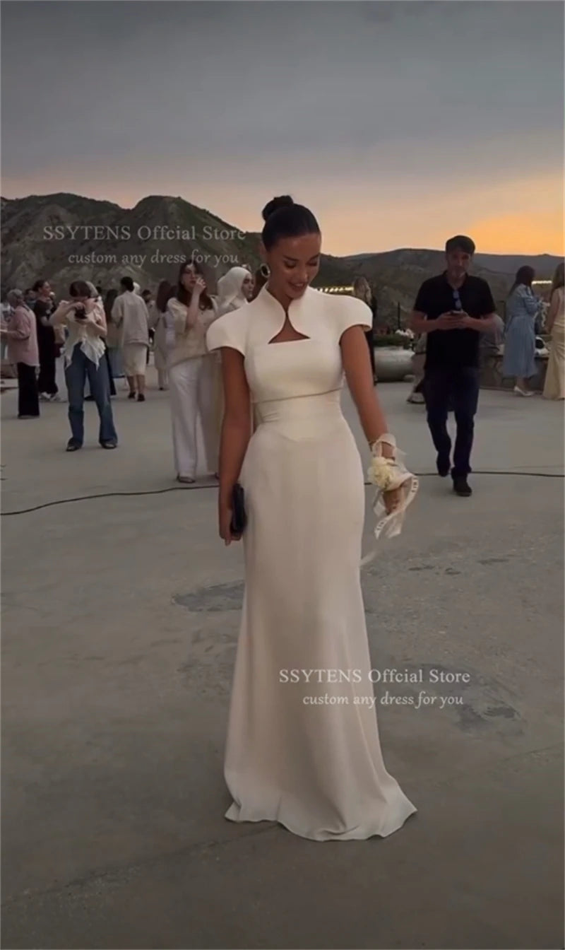 Mermaid Silhouette White High Neck Floor Length Evening Dress for Women