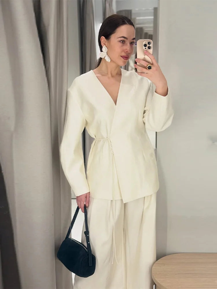 Lace Up Jacket and Wide Leg Pants Suit Set for Women