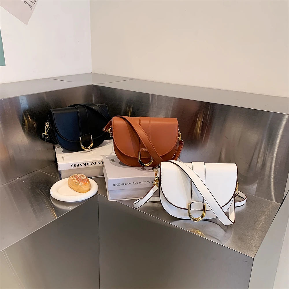 Solid Color Leather With Golden Hardware Saddle Shoulder Bag for Women