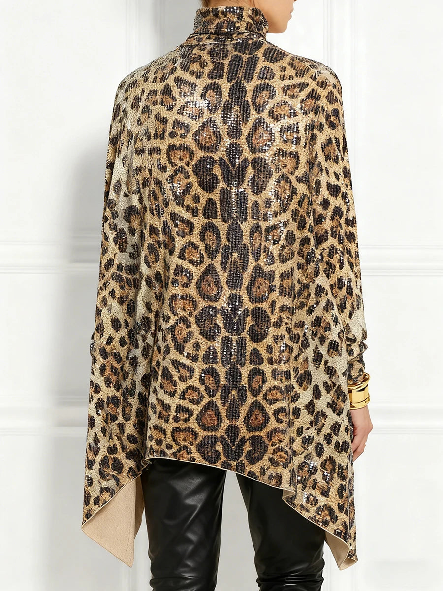 Elegant Leopard Sequin High Neck Long Sleeve Blouse for Women