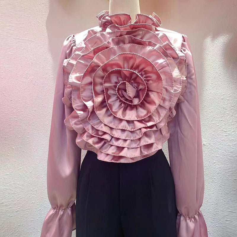 Light Luxury Socialite Style High-Grade Three-Dimensional Flower Solid Color Shirt 2024 Spring New Fashion All-Match Silk Blouse