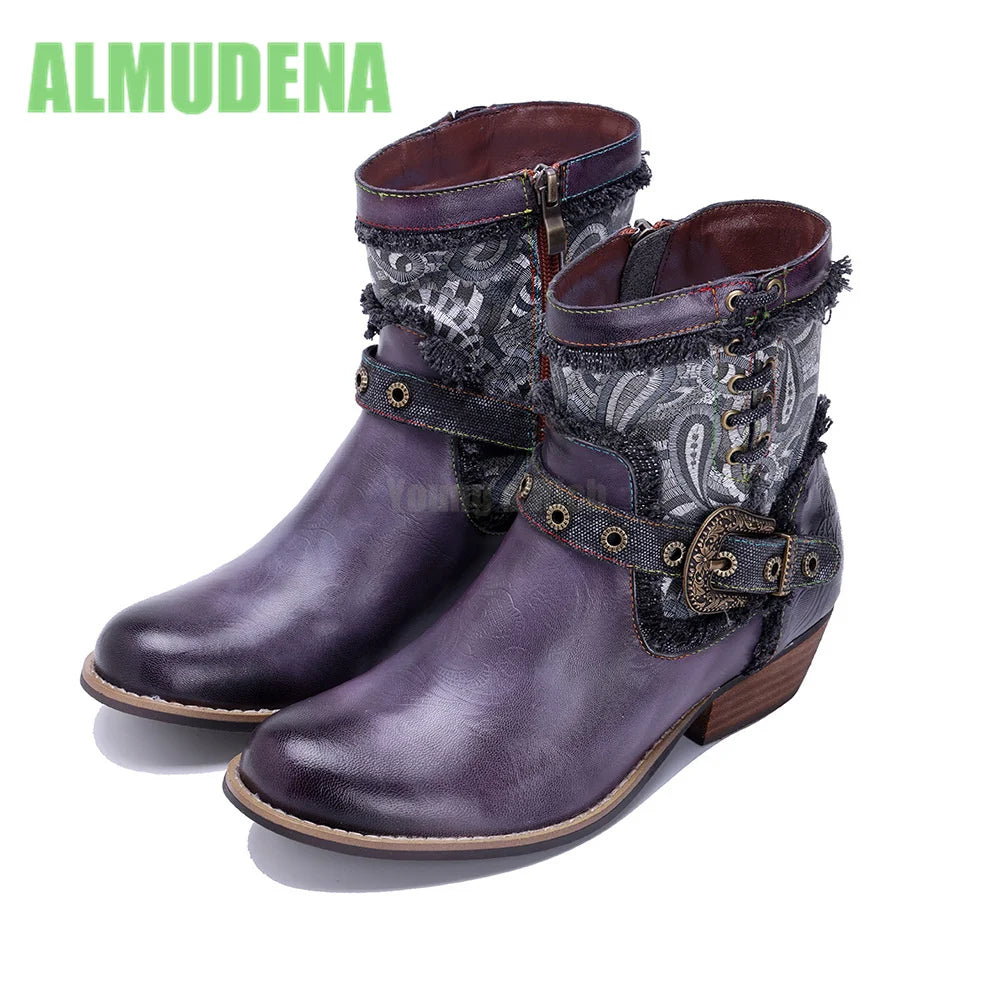 Vintage Western Short Boots With Square Heel And Belt Buckle For Women