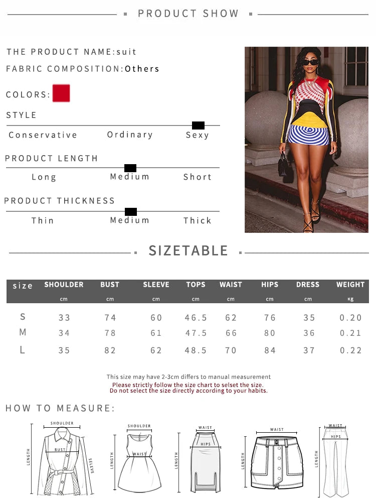 Nibber Art 2-Piece Set Women Colorful Half Turtleneck Full Sleeve Crop Top+Thread Print Simple Skirt Slim Party Fashion Suit