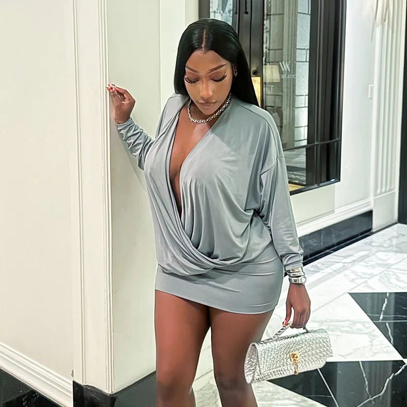 Solid Color Long-Sleeved V-Neck Mini Dress for Women