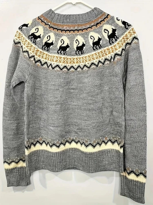 Plus Size Women's Retro Pattern Long Sleeve Sweater Round Neck Pullover Grey Best Choice for Autumn and Winter