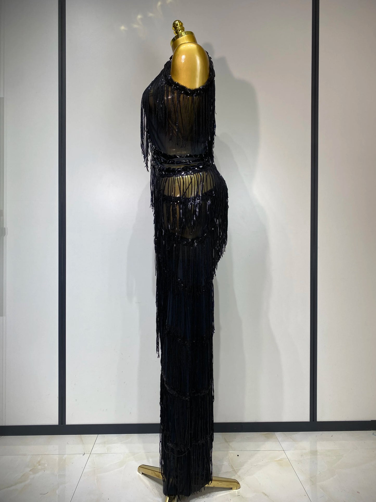 Gold Rhinestones Fringe Jumpsuit