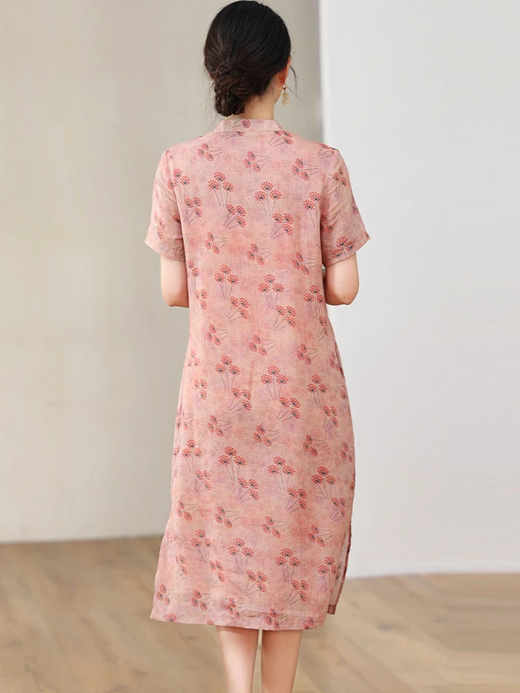 Elegant Floral Vintage Ramie Cheongsam Dress for Women