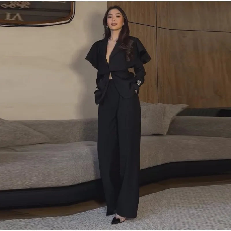 Shawl Lapel Blazer and Pants Set With Pockets for Women