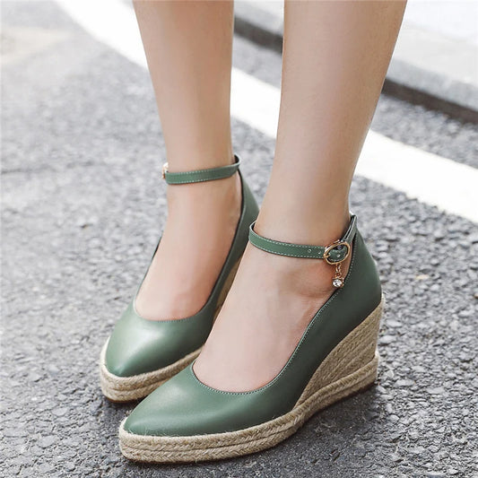 White Green Ankle Strap Platform Wedges