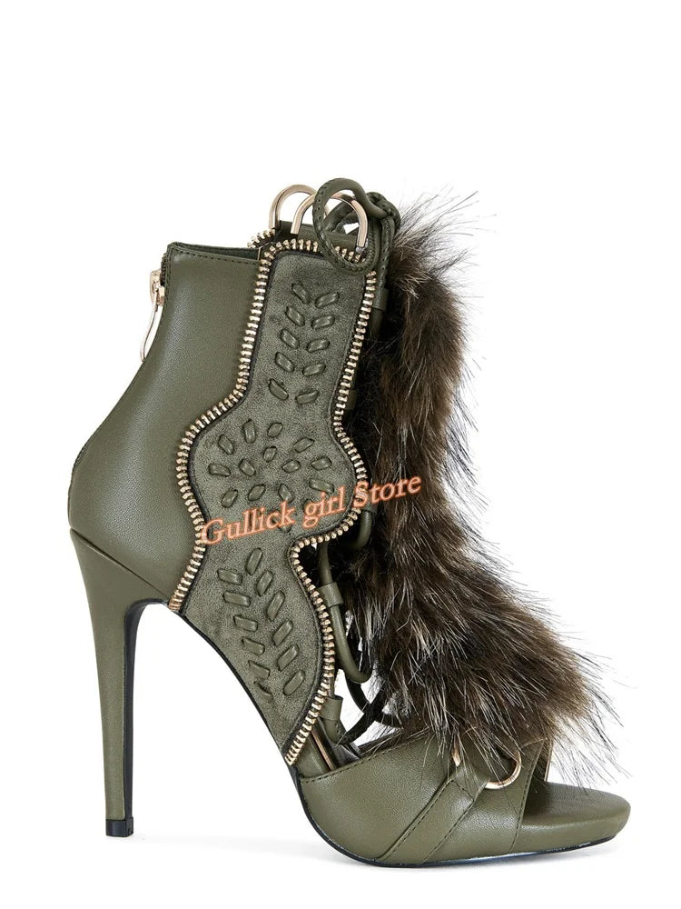 Faux Fur Open Toe Knee High Sandal Boots for Women