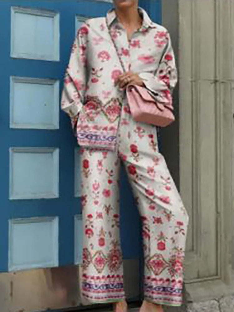 Vintage Printed Two Piece Trouser Suit Set for Women