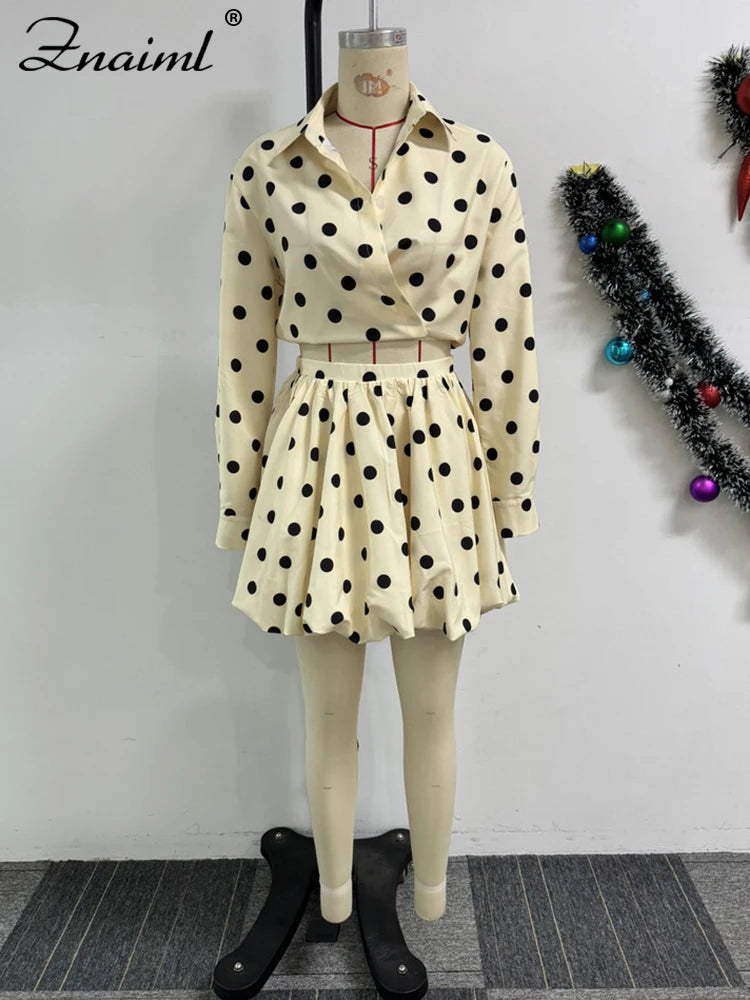 Znaiml Elegant Apricot Women 2 Piece Set Birthday Party Outfit Long Sleeve Crop Top and Ball Bown Skirt Polka Dot Suit Beachwear