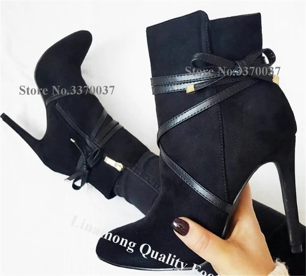 Black Suede Strappy Stiletto Ankle Boots for Women