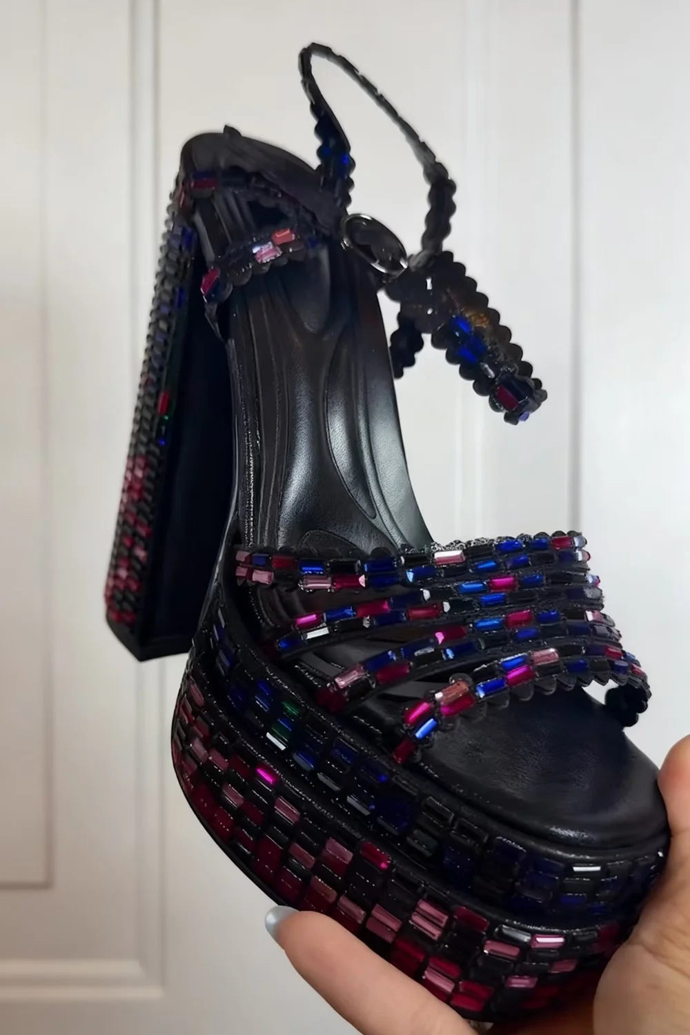 Black Crystal Chunky Platform Sandals