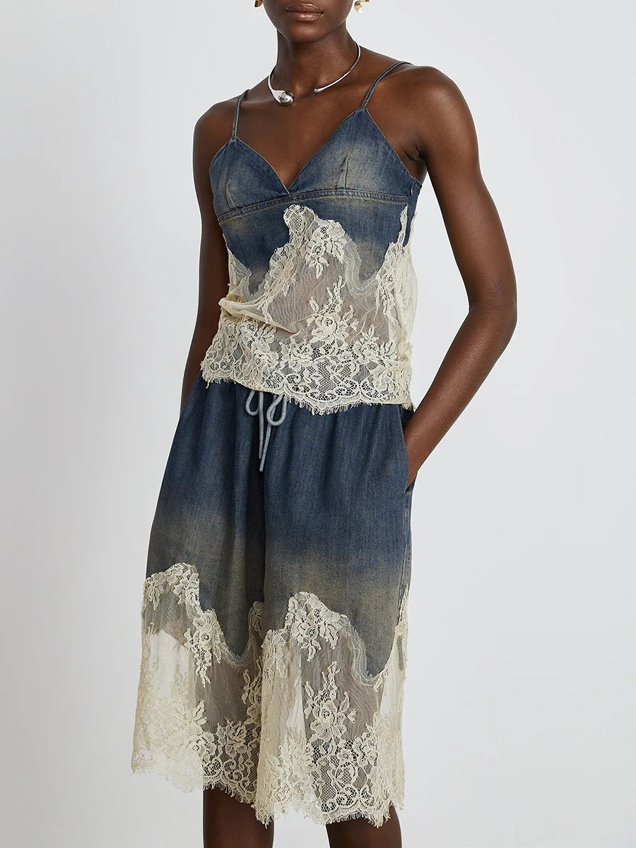 ANJY Summer New Women Y2K Streetwear Ins Fashion Sexy Hot Lace Patchwork Denim Camisole Vest Casual Drawstring Fifth Pants A7219