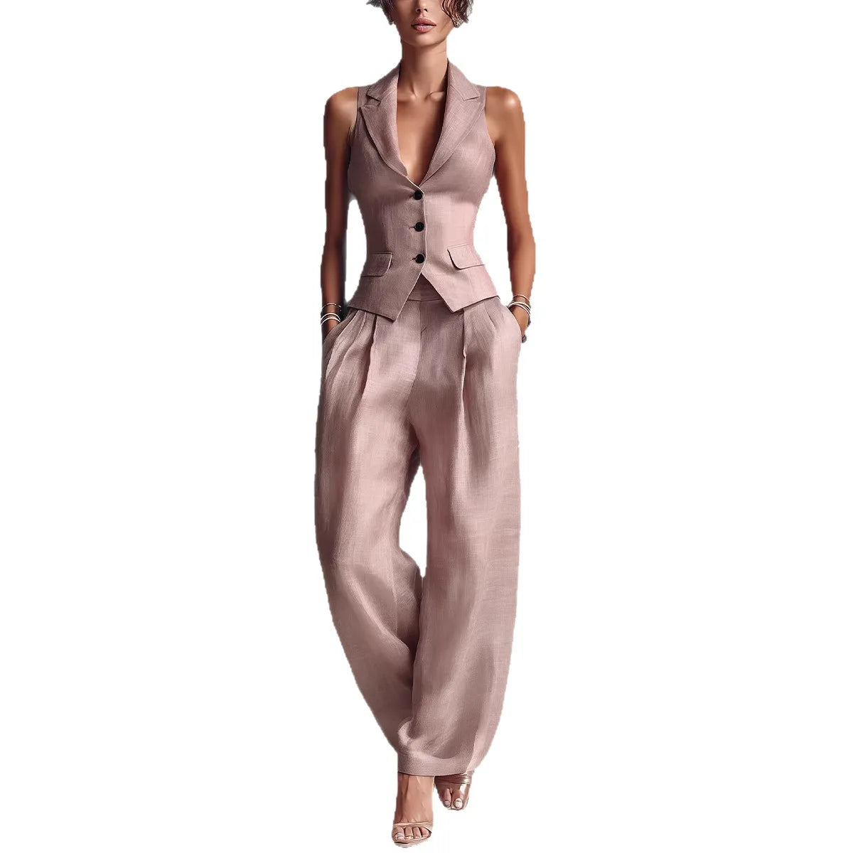 Sleeveless Single Breasted Vest and Pants Set for Women