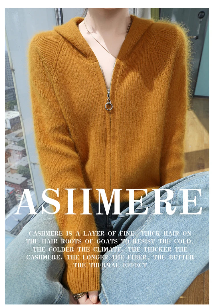 Loose Hooded Cashmere Knit Zipper Cardigan for Women