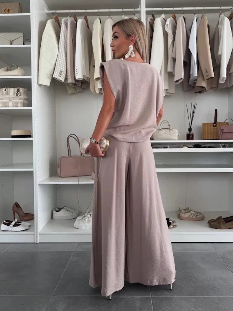 Women's Casual 2-Piece Set Crew Neck Sleeveless Top Wide Leg Pants Set Summer Casual Loungewear Outfit for Travel Vacation