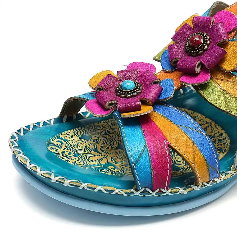 Retro Handmade Leather Wedge Sandals With Mixed Colors for Women