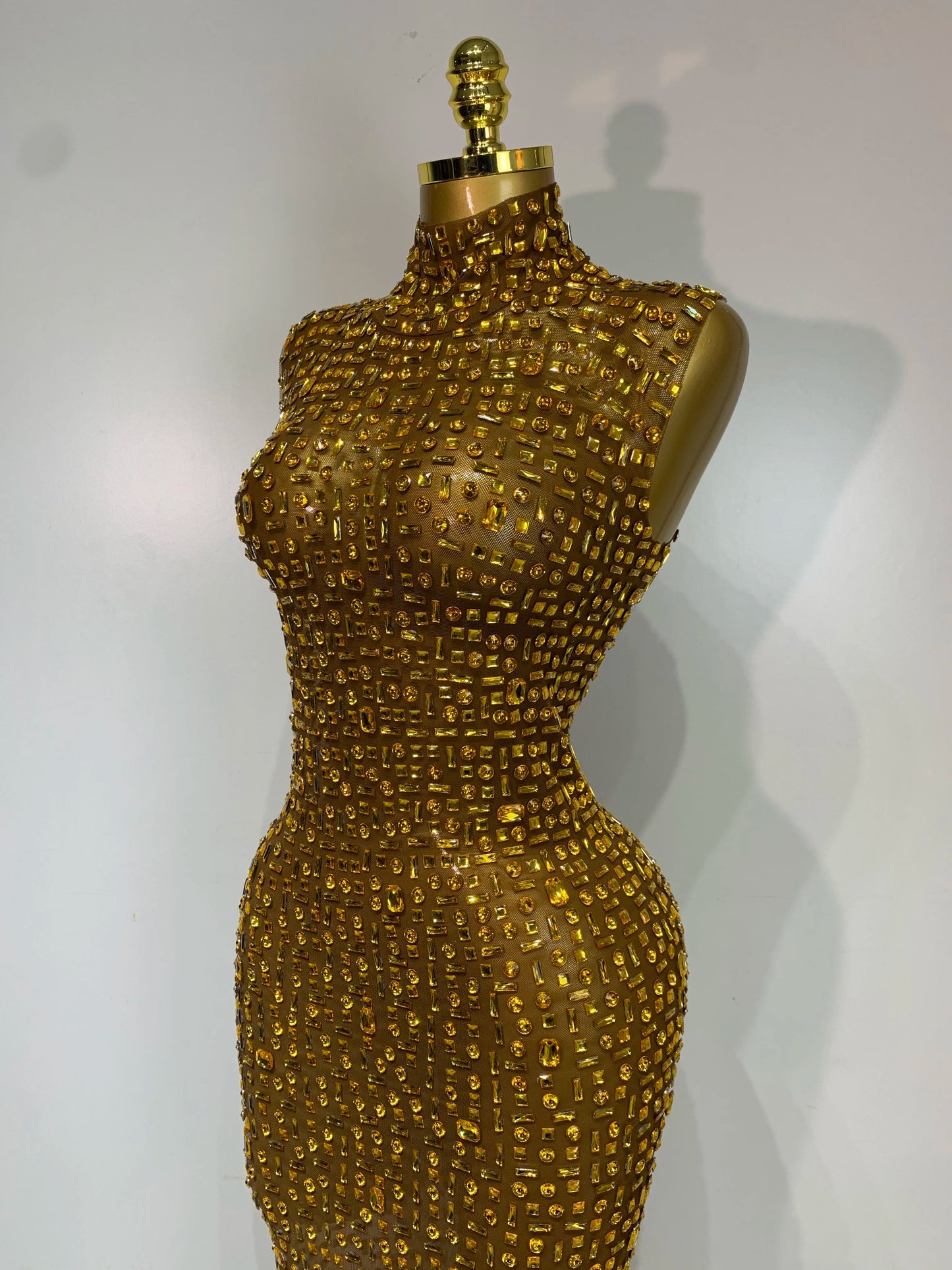 Sparkly Gold Rhinestone Sleeveless Stretch Long Dress Women Sexy Mesh Celebrate Evening Prom Birthday Dress Photo Shoot Wear