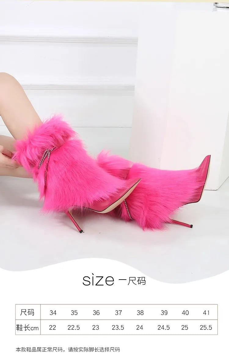 Fuchsia Faux Fur Buckle Ankle Boots