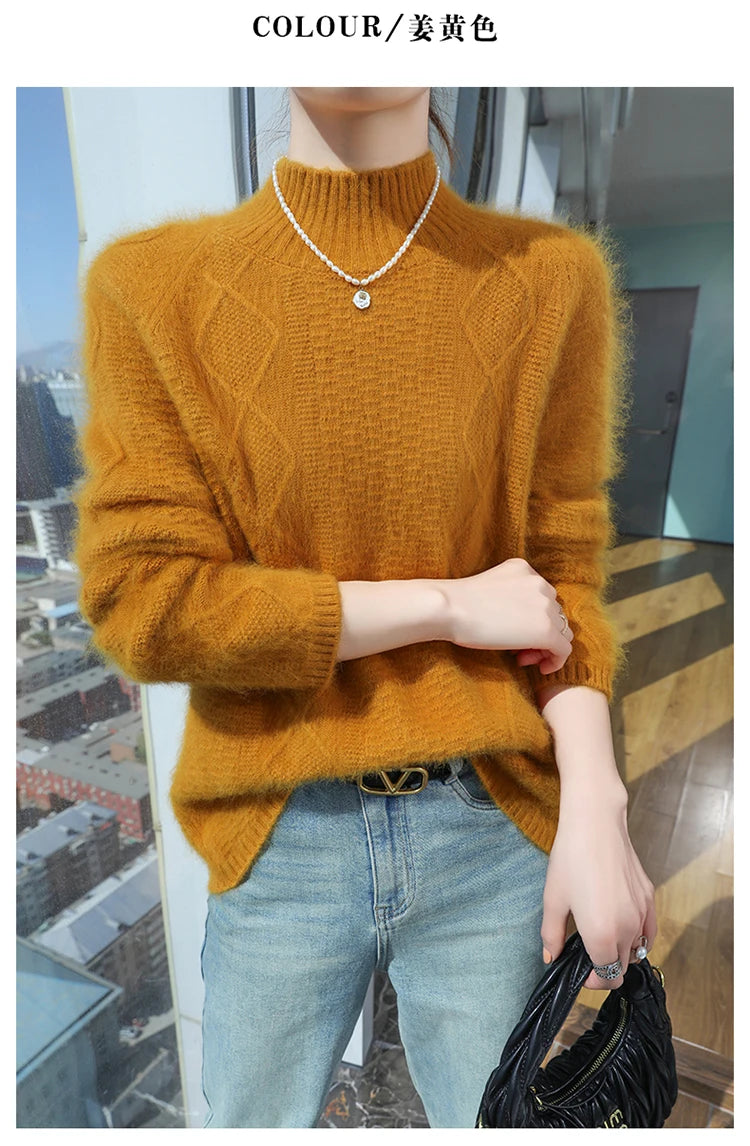 Floral Jacquard Long Sleeve High Neck Knit Sweater for Women
