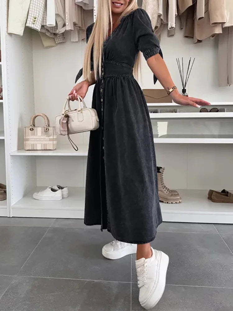 Spring Summer V Neck Fashion Maxi Dress, Women Half Sleeve Elegant Simple Party Dress, Single-Breasted Chic Ladies Dress Vestido