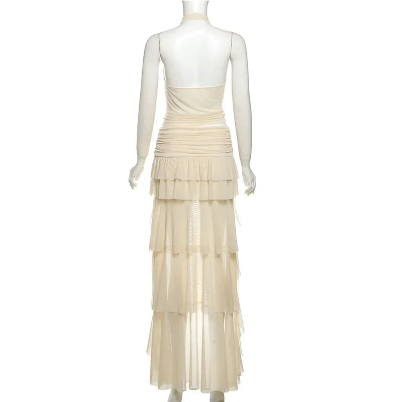 Woman Clothing 2 Pieces Set Dresses Backless Halter Top and Ruffle Long Skirt Elegant Summer Vacation Outfits P94-DH38