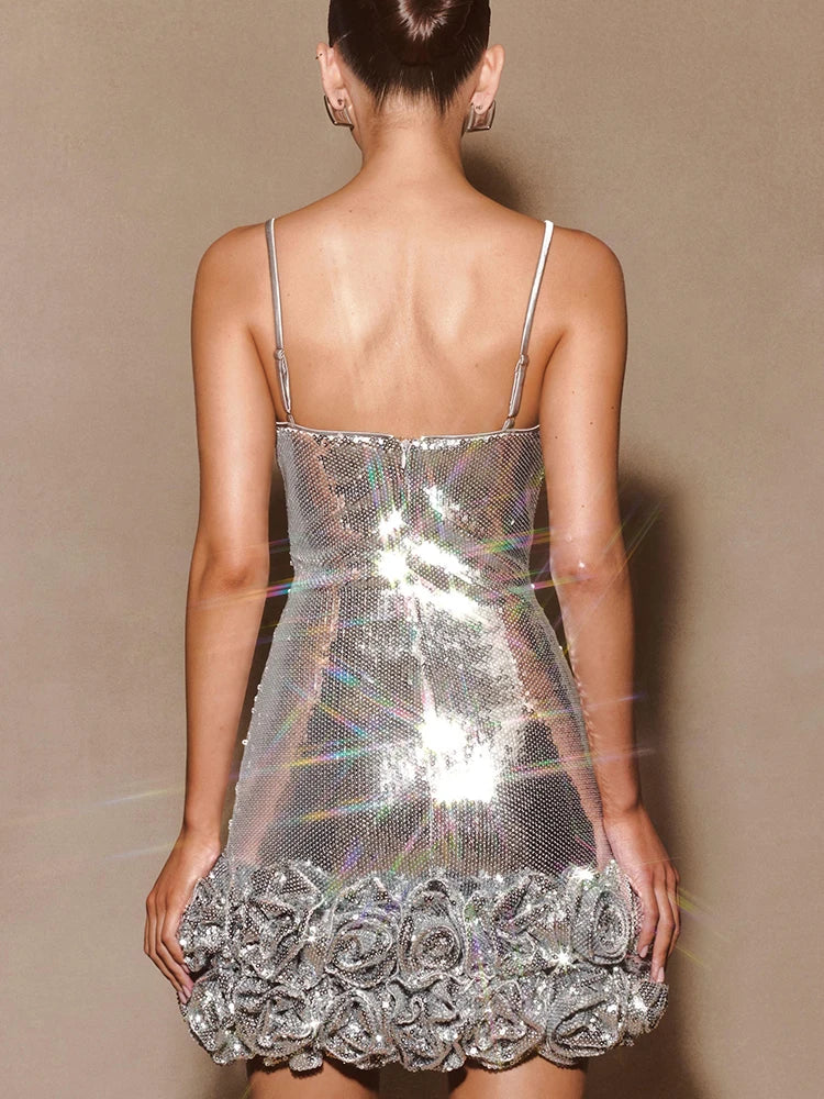 Glamorous Women's Silver Sequin Spaghetti Slip Mini Dress with Ruffled Hem Shiny Flower Party Night Club and Special Occasion