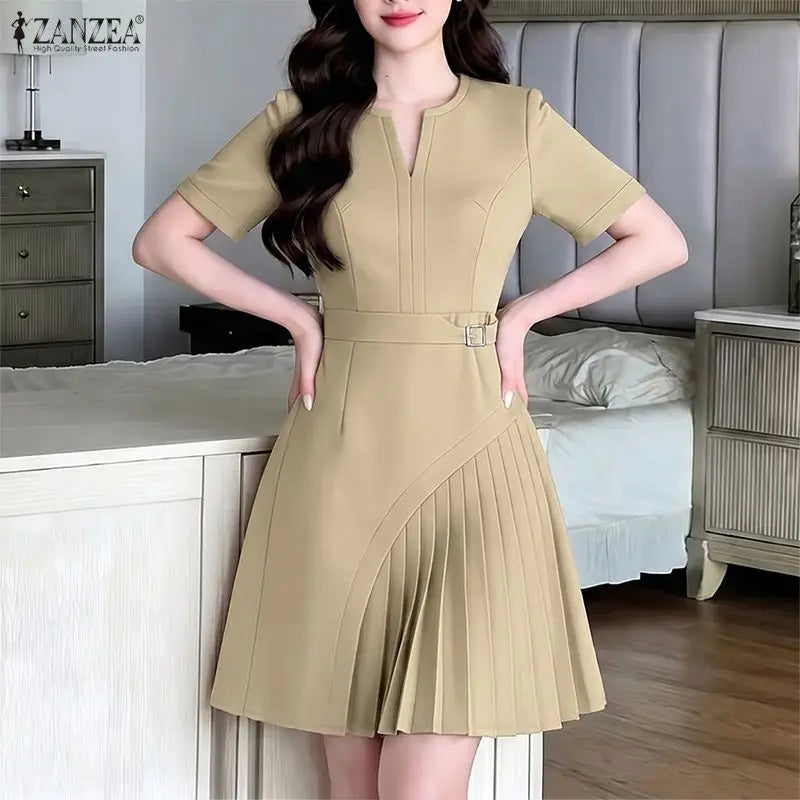 Pleated V Neck Knee Length Dress