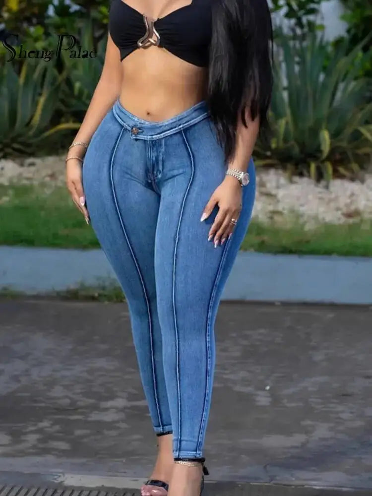 High Waist Washed Denim Skinny Jeans