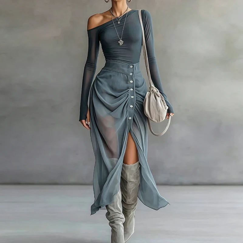 Patchwork Top And Maxi Skirt Two Piece Set for Women