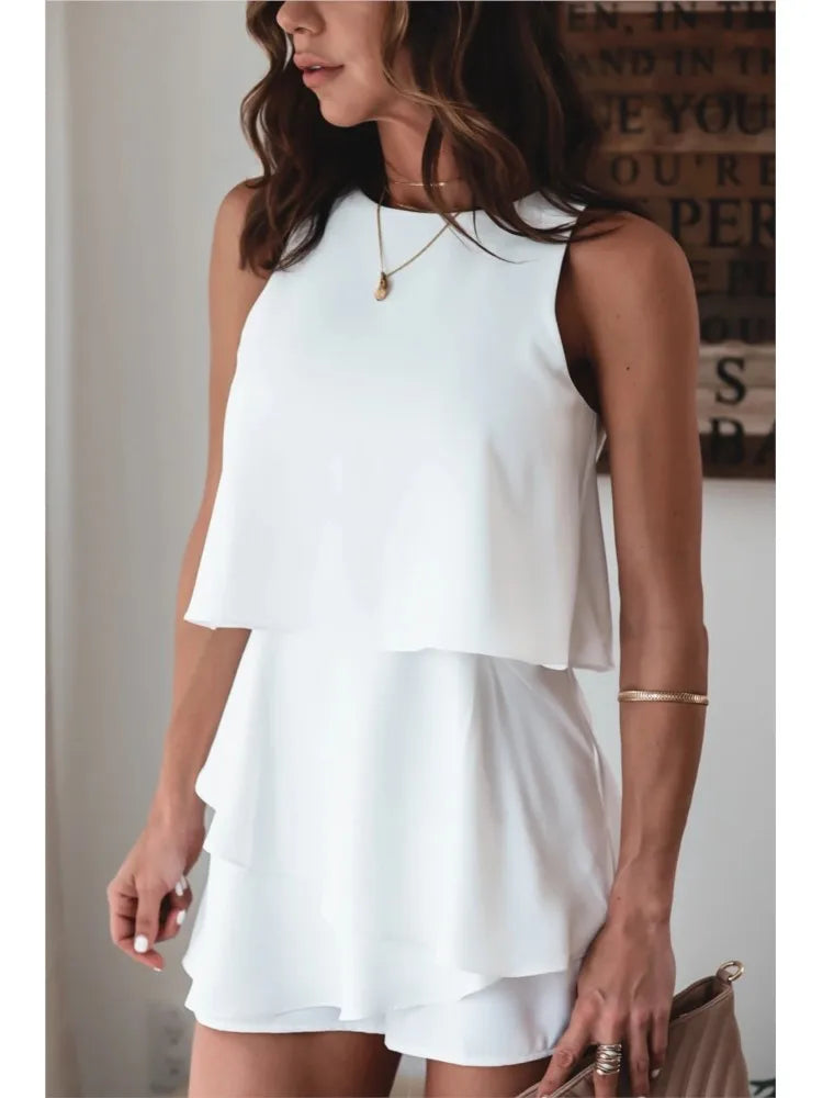 Irregular Layered Sleeveless O Neck Short Jumpsuit for Women