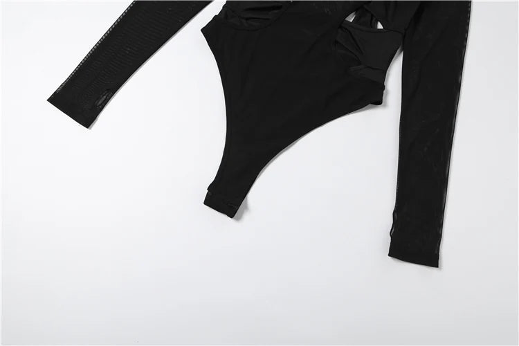 Mesh Patchwork Bodysuit With Long Sleeves for Women