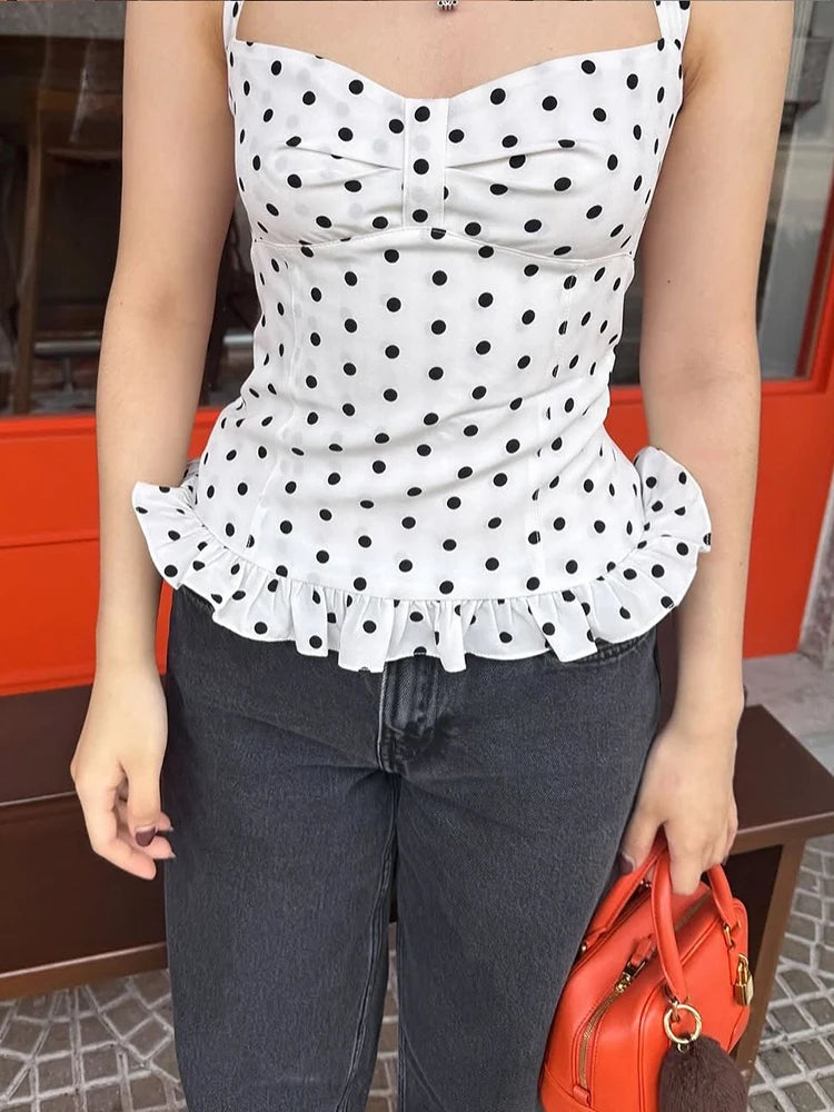 Polka Dot Halter Backless Bodycon Top With Ruffle Trim For Women