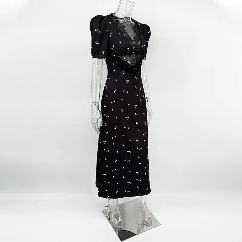 Floral Print Hollow Lace Dress