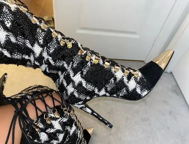 Black White Plaid Pointed Toe Cross Tie Over The Knee Boots for Women