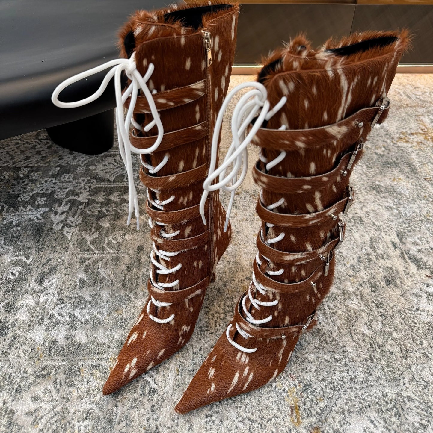 Pointed Toe Belt Strap Lace Up Fur Lined Knee Boots For Women