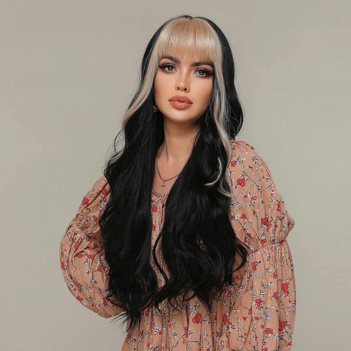 Long Wavy Black Synthetic Wig With Blonde Bangs for Women