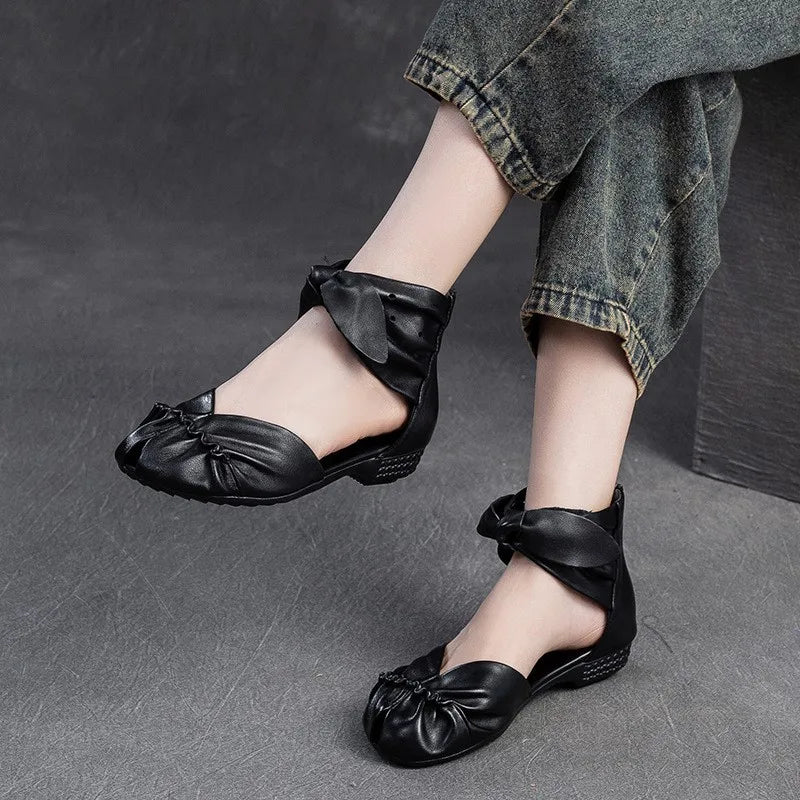 Genuine Leather Breathable Low Heel Peep Toe Sandals for Women