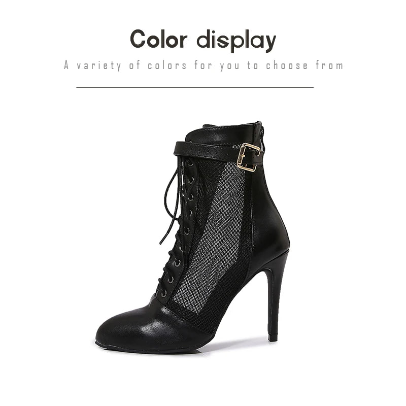 Black Mesh Latin Dance Booties With High Heels for Women