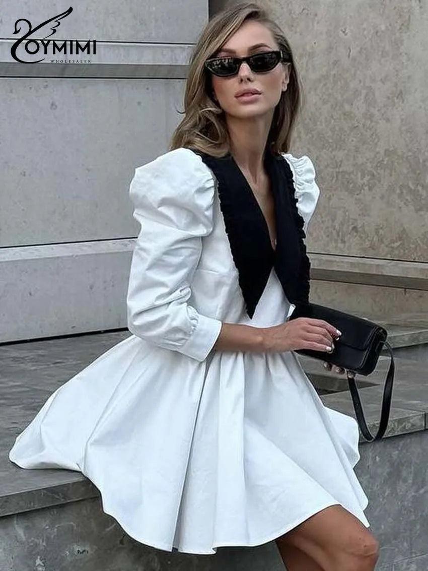 Oymimi Elegant Black Patchwork Women's Dress Casual Peter Pan Collar Three Quarter Sleeve Dresses Fashion Pleated Mini Dresses