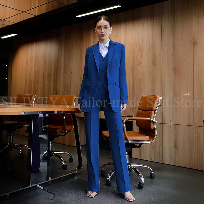 Luxury Purple Blue Women's Kit Suits 3 Piece Jacket Pants Vest Notch Lapel Female Clothing Slim Fit Smart Office Lady's Sets