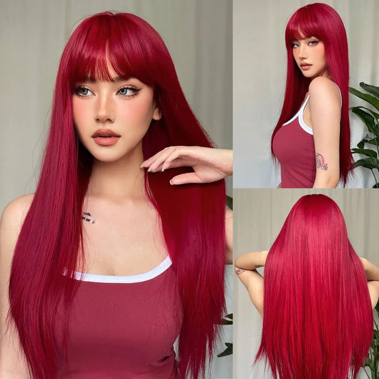 Long Straight Heat Resistant Synthetic Wig With Bangs for Women