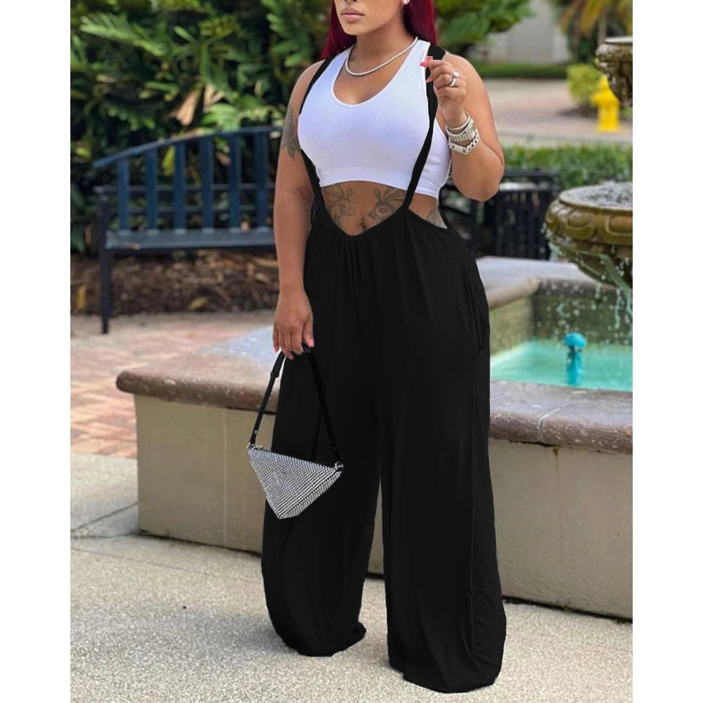 2025 Fashion Women Plain Wide Leg Suspender Jumpsuit Femme Fold Tied Detail Casual Overalls Summer Solid Sporty Pants Clothes
