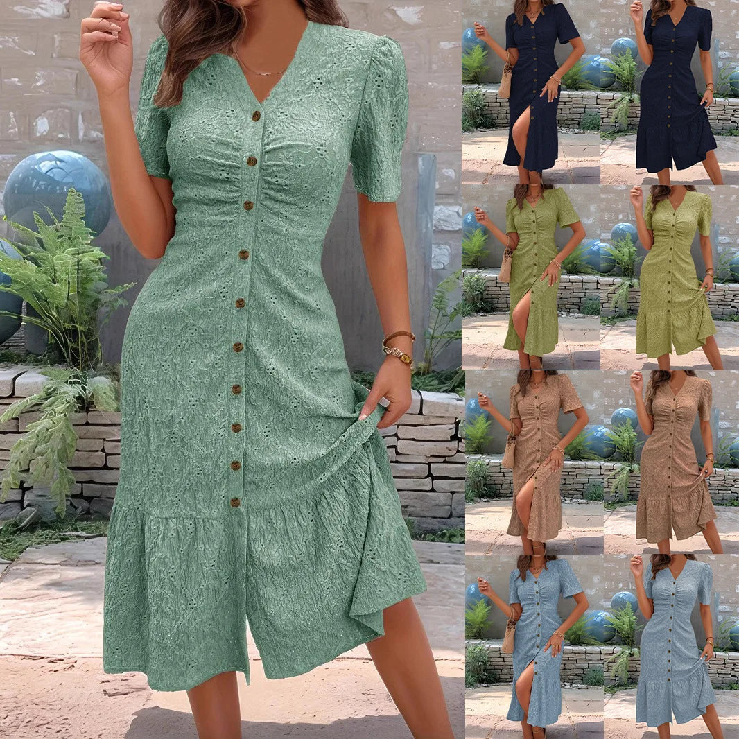 Ankle Length Wrinkle Solid Color Shirt Dress for Women