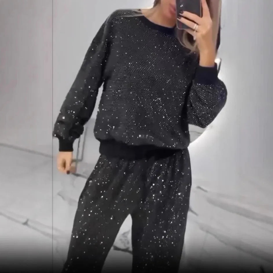 Elegant Sequin Lace Up Two Piece Pants Set for Women