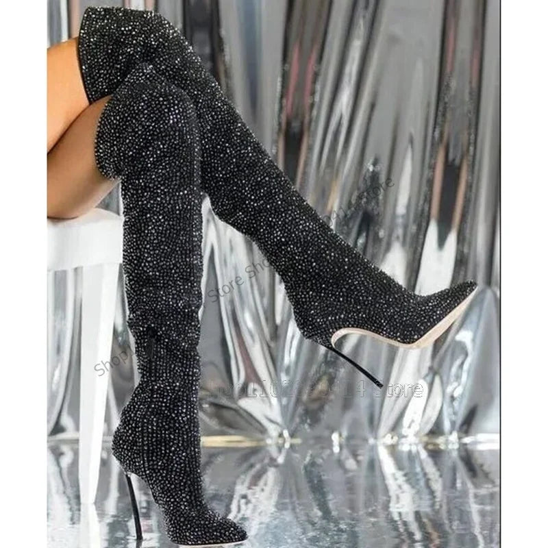 Black Rhinestone Pointed Toe Heeled Boots For Women
